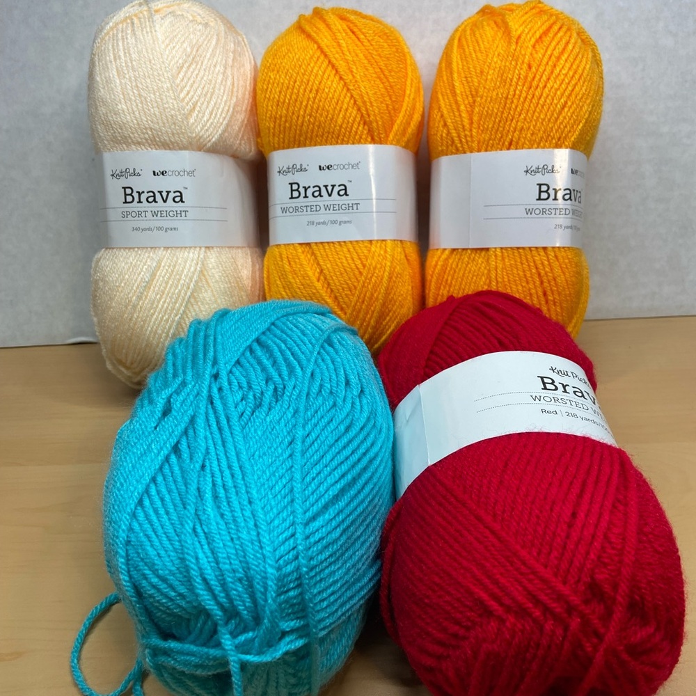 KnitPicks Brava Yarn Bundle - Cream, Orange-Yellow, Turquoise, Red